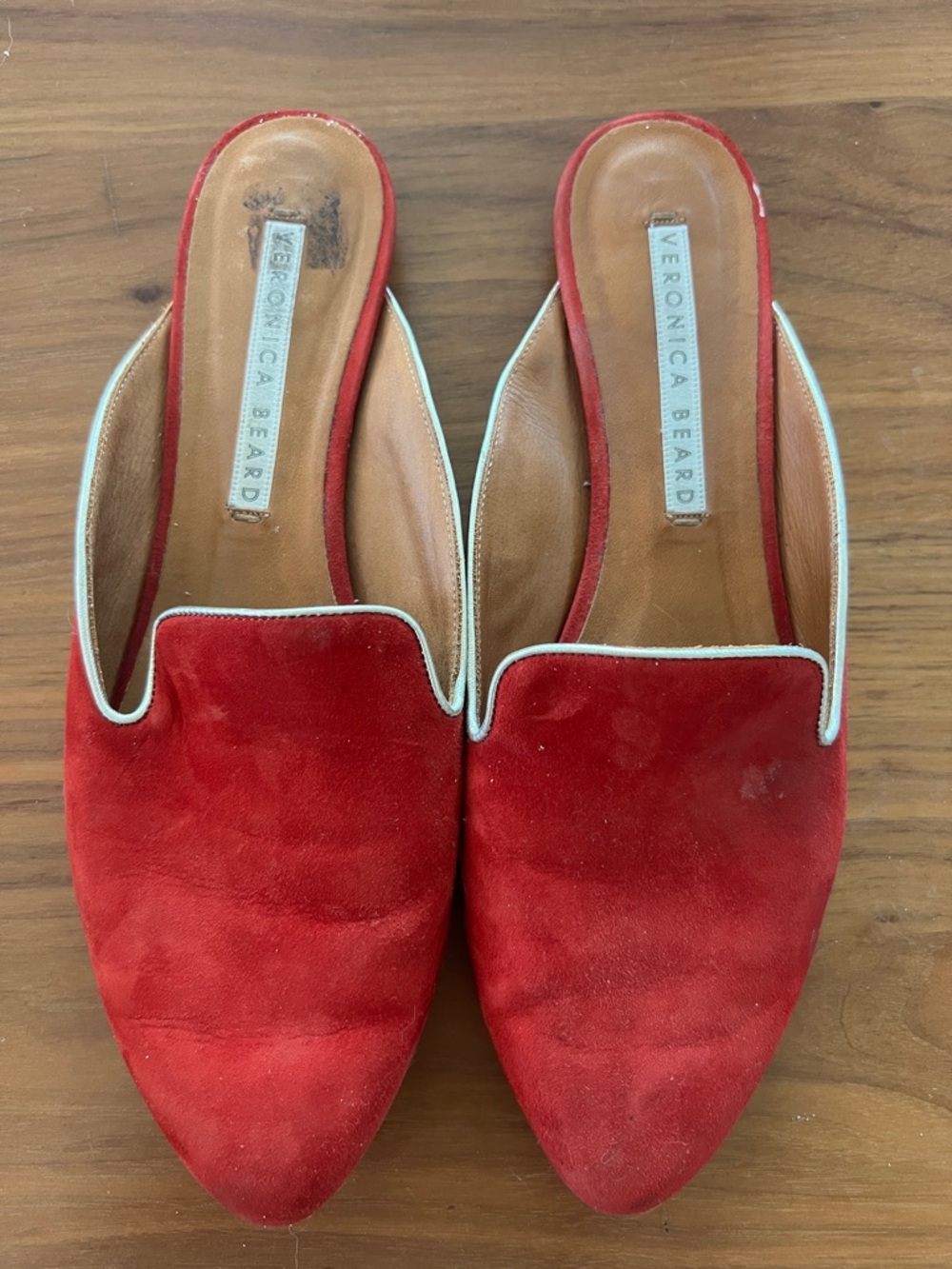 Veronica Beard Red Suede Pointed-Toe Mules with Gold Contrast Trim 7.5